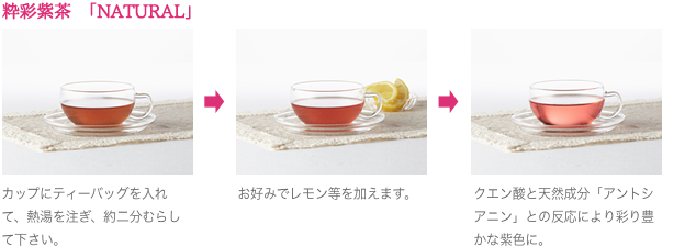 粋彩紫茶™「NATURAL」：カップにティーバッグを入れて、熱湯を注ぎ、約二分むらして下さい。→お好みでレモン等を加えます。→クエン酸と天然成分「アントシアニン」との反応により彩り豊かな紫色に。